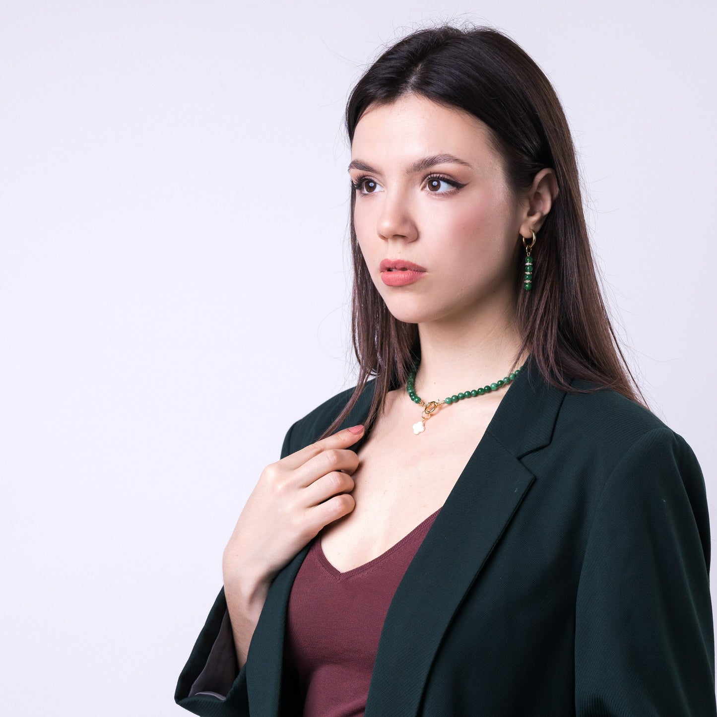 FORTUNE Green Jade Necklace with Clover Pendant