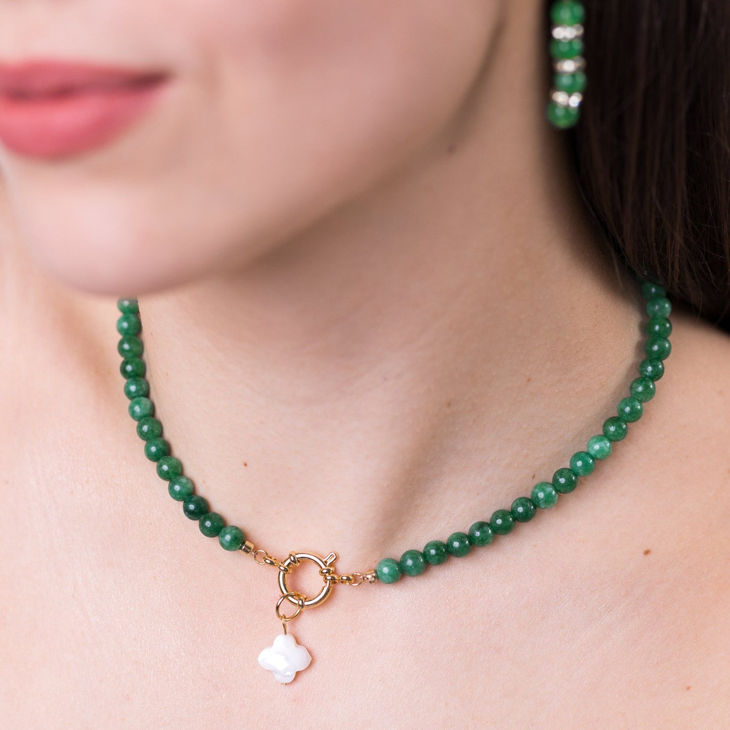 FORTUNE Green Jade Necklace with Clover Pendant