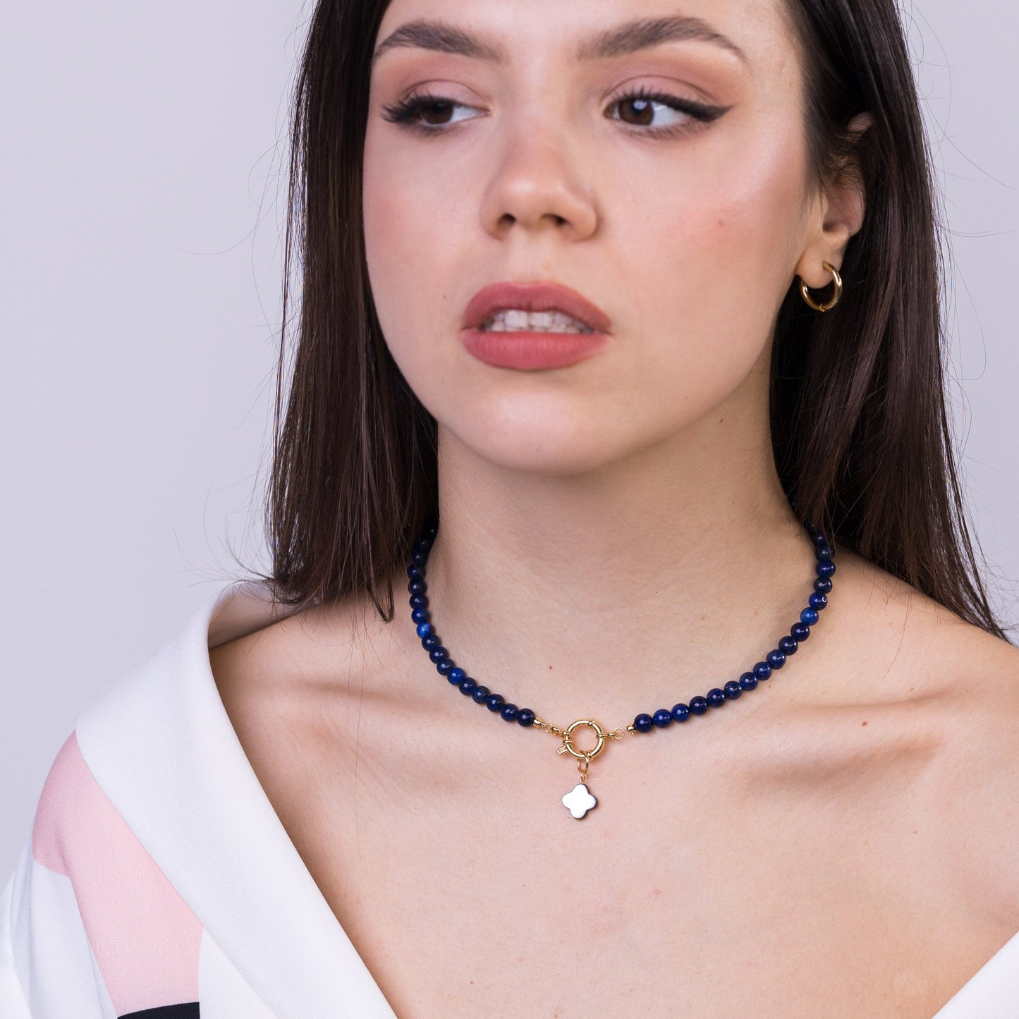 GINZA Lapis Lazuli Necklace Choker with Clover Pendant