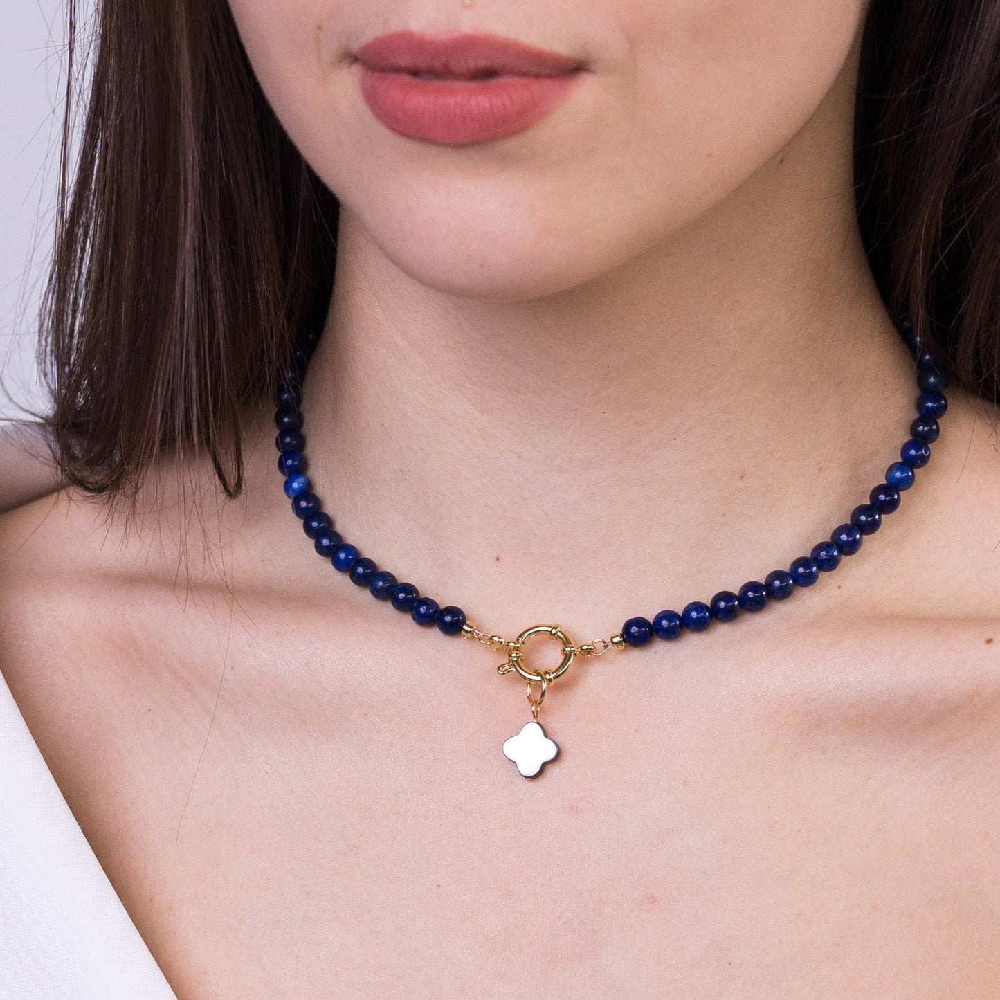 GINZA Lapis Lazuli Necklace Choker with Clover Pendant