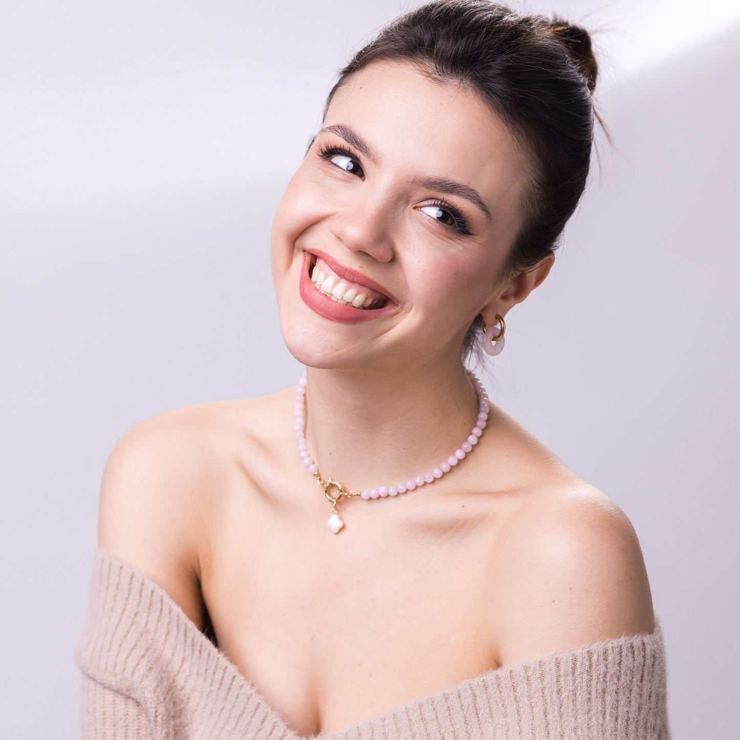 SCORPIO 6 mm Rose Quartz Necklace with Clover Pendant
