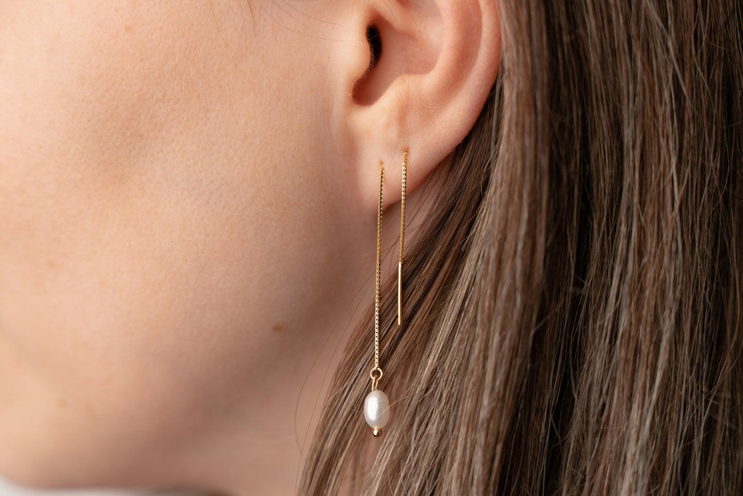 gold sterling silver threader earrings with freshwater pearl charm