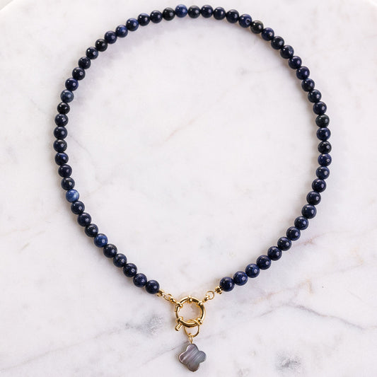 GINZA Lapis Lazuli Necklace Choker with Clover Pendant